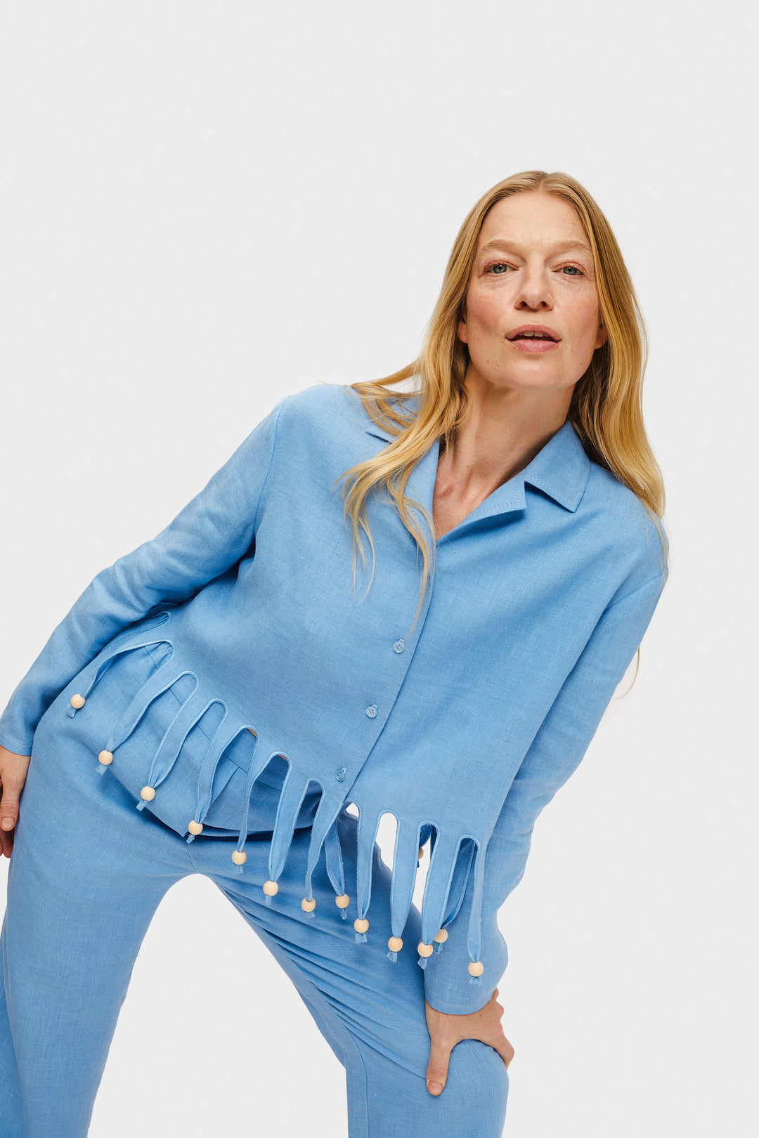 Lambada Fringed Linen Shirt in Blue