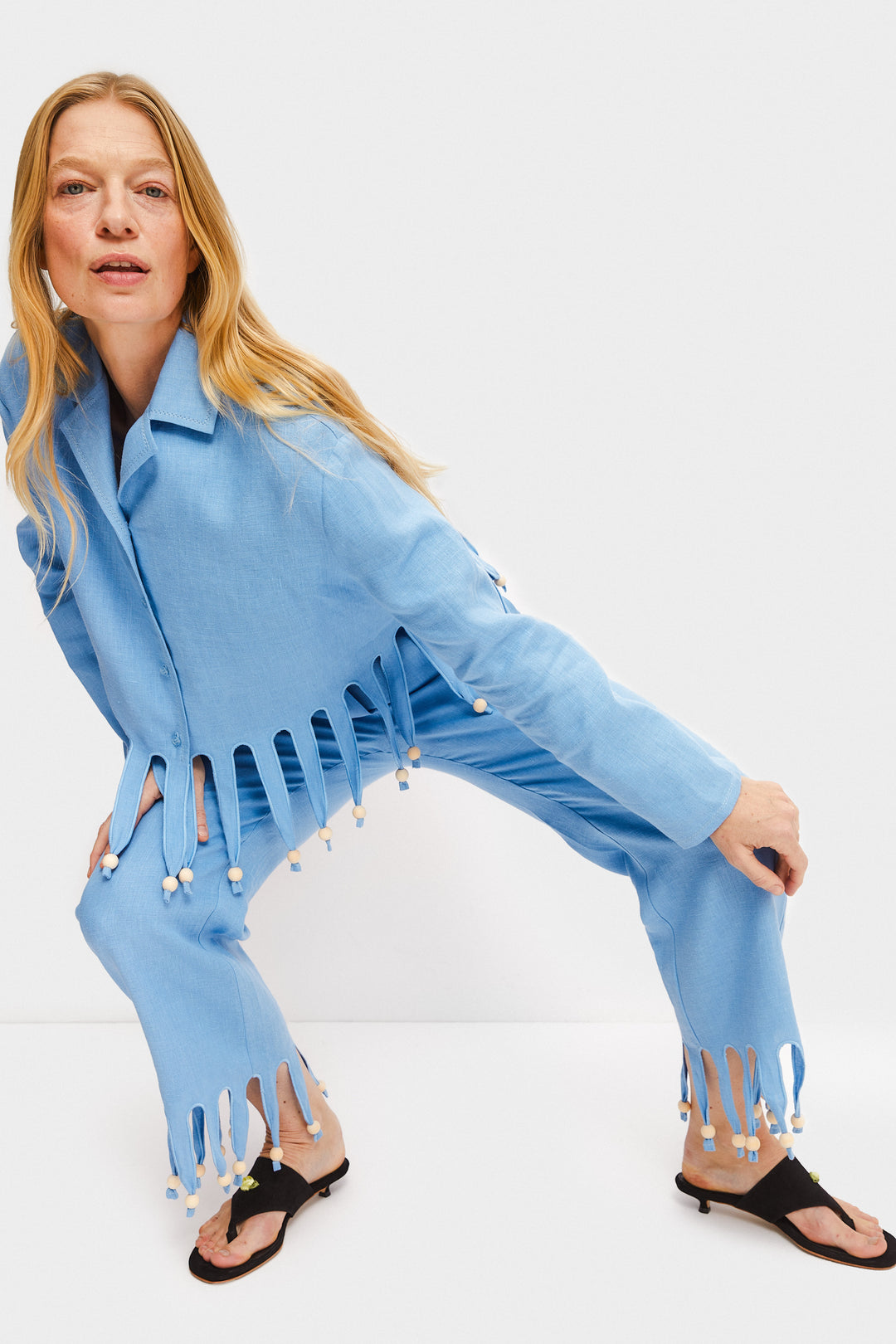 Lambada Fringed Linen Shirt in Blue