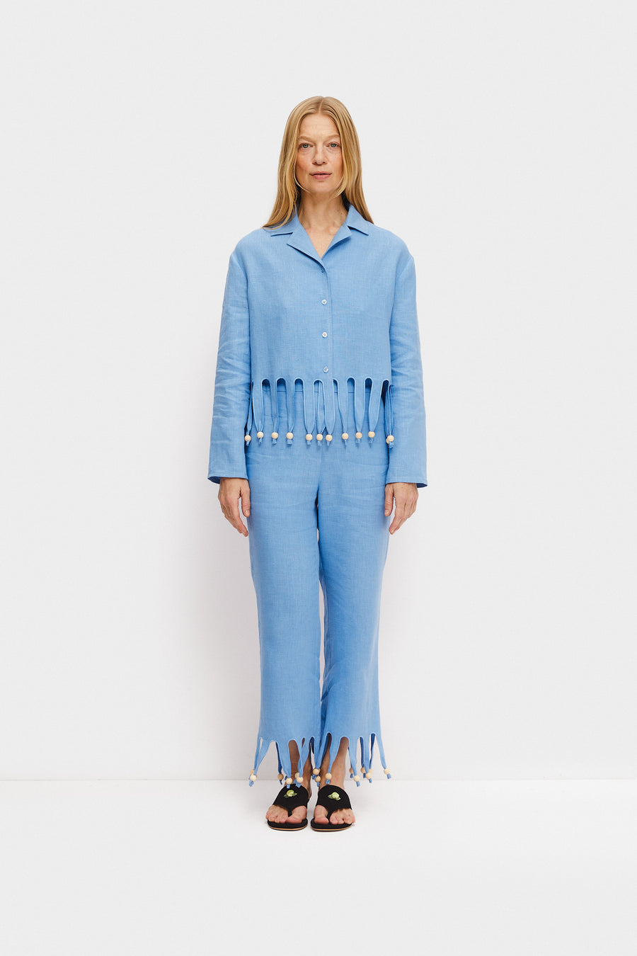 Lambada Fringed Linen Pants in Blue