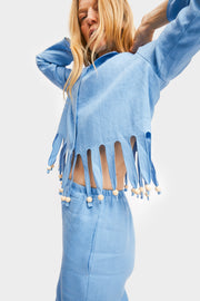 Lambada Fringed Linen Shirt in Blue