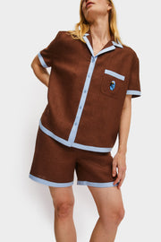 Garrick Embroidered Linen Shorts in Brown