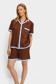 Garrick Embroidered Linen Shorts in Brown