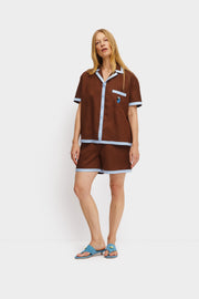 Garrick Embroidered Linen Shorts in Brown