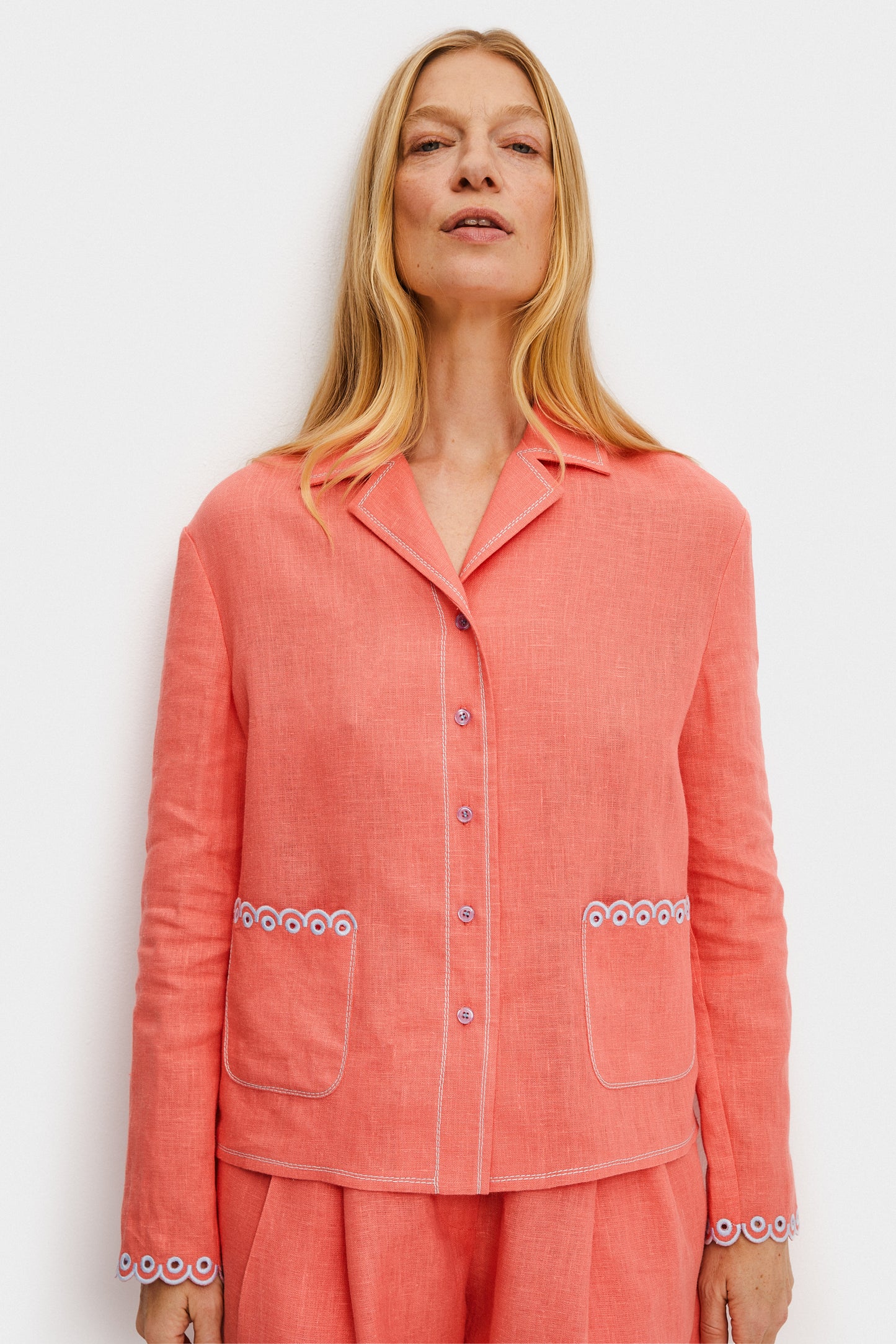 Petra Embroidered Linen Shirt in Strawberry