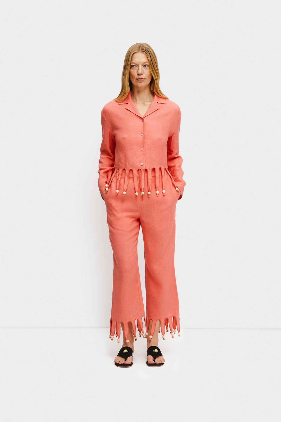 Lambada Fringed Linen Shirt in Strawberry