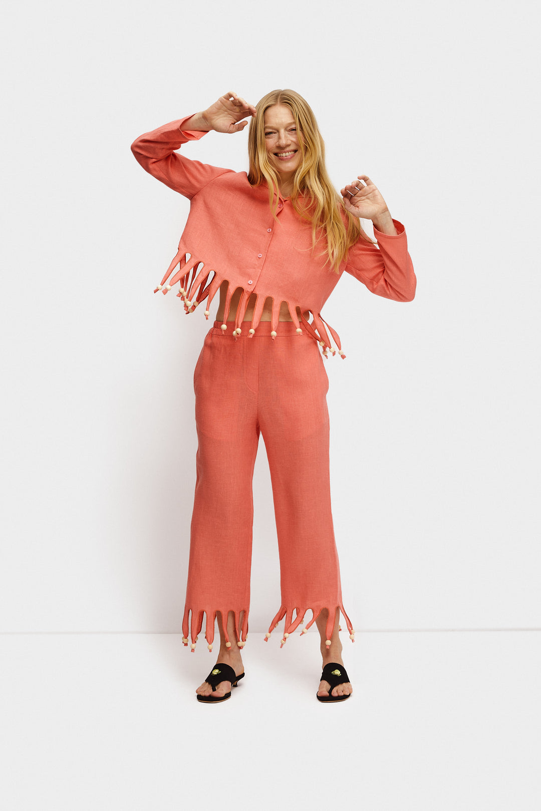 Lambada Fringed Linen Shirt in Strawberry