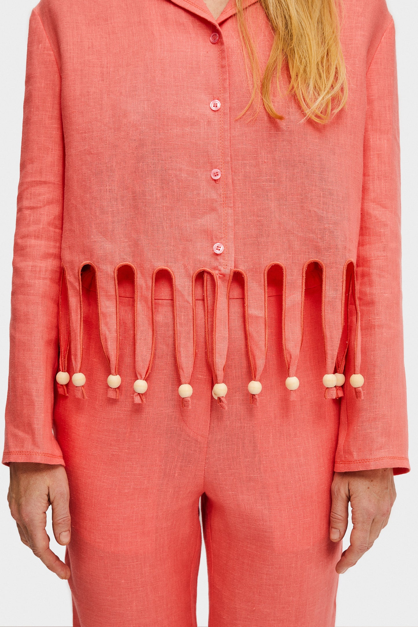 Lambada Fringed Linen Shirt in Strawberry