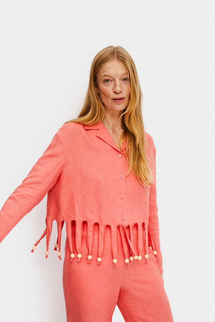 Lambada Fringed Linen Shirt in Strawberry