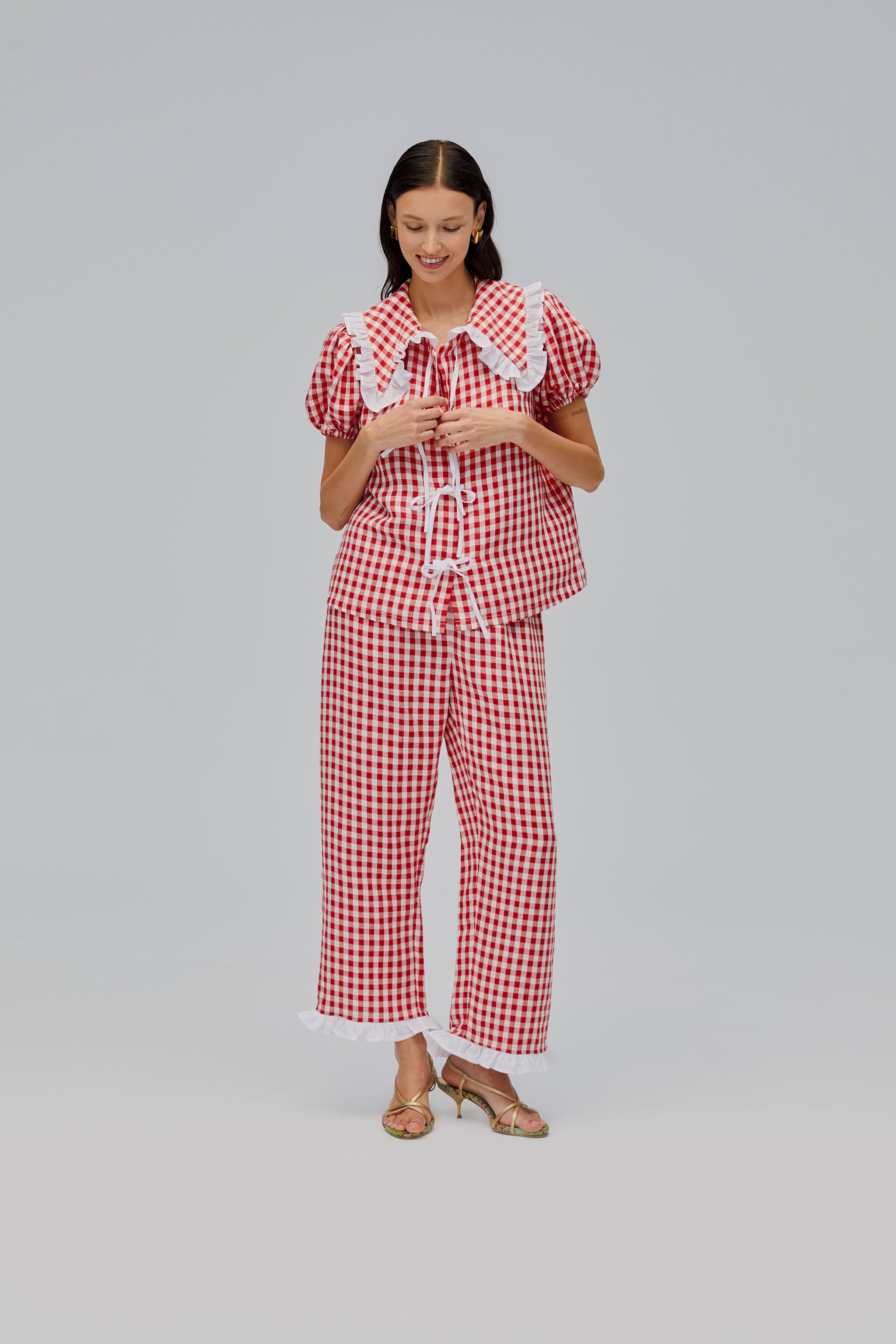 Puff Linen Lounge Pants in Red Vichy