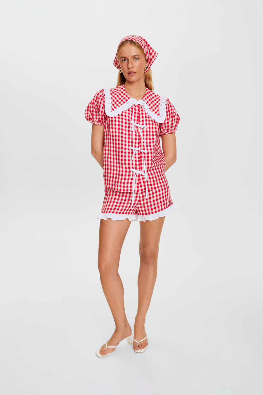 Puff Linen Lounge Shorts with Headscarf in Red Vichy