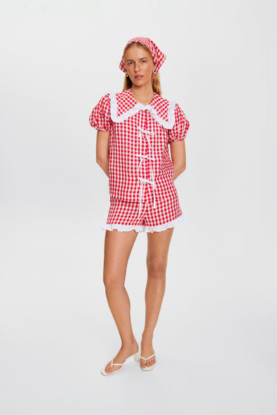 Puff Linen Lounge Shorts with Headscarf in Red Vichy – Sleeper