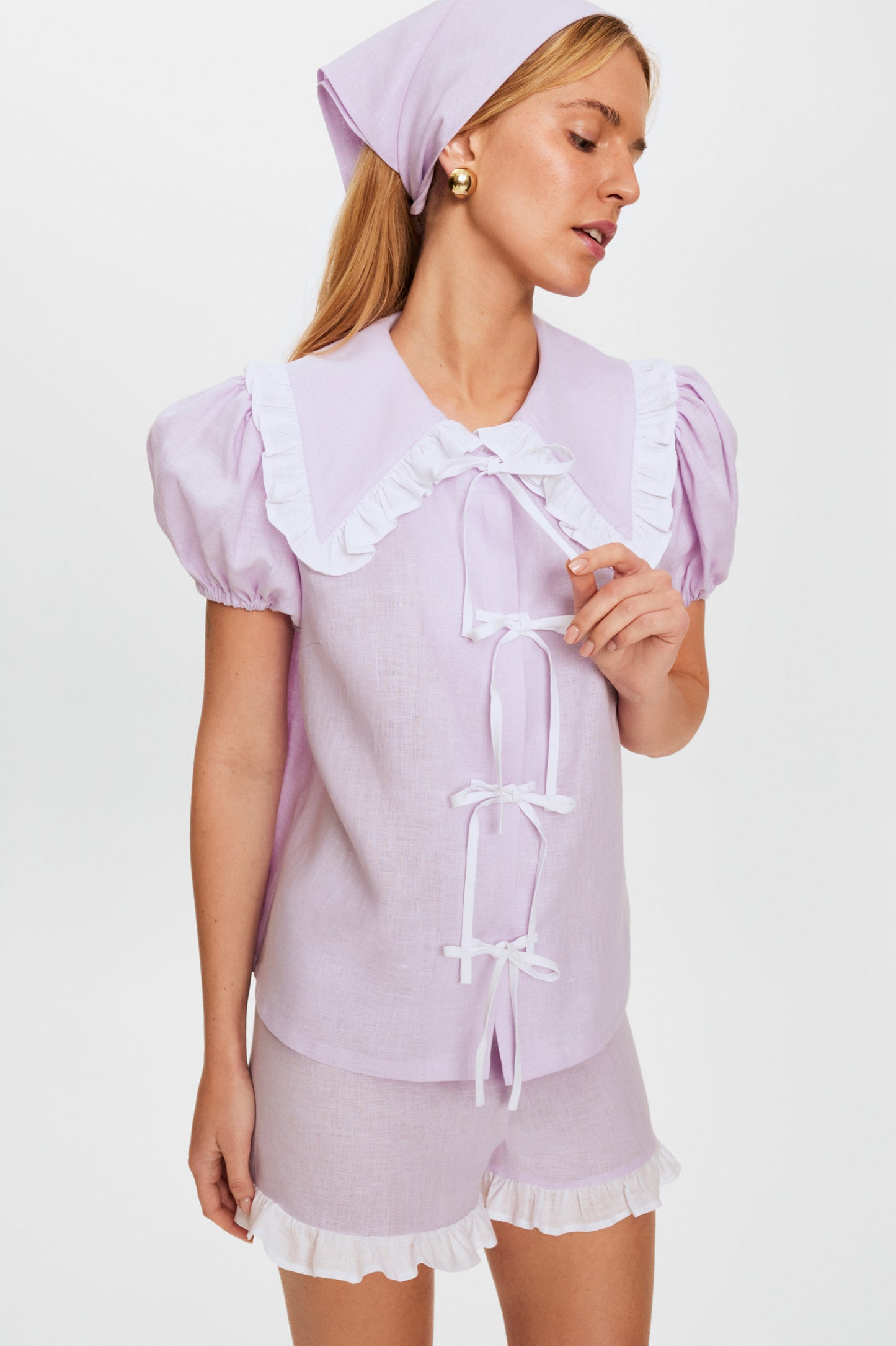 Puff Linen Lounge Shorts with Headscarf in Lavender