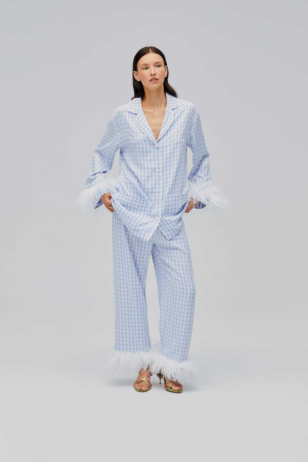 Party Pajamas Set with Detachable Feathers in Blue Vichy