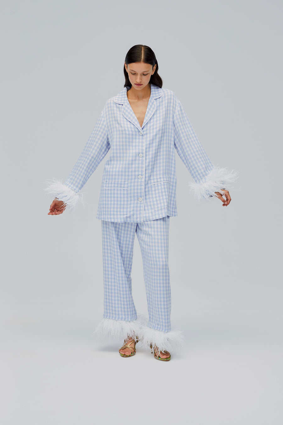 Party Pajamas Set with Detachable Feathers in Blue Vichy