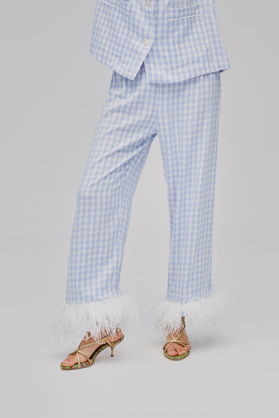 Party Pajamas Set with Detachable Feathers in Blue Vichy