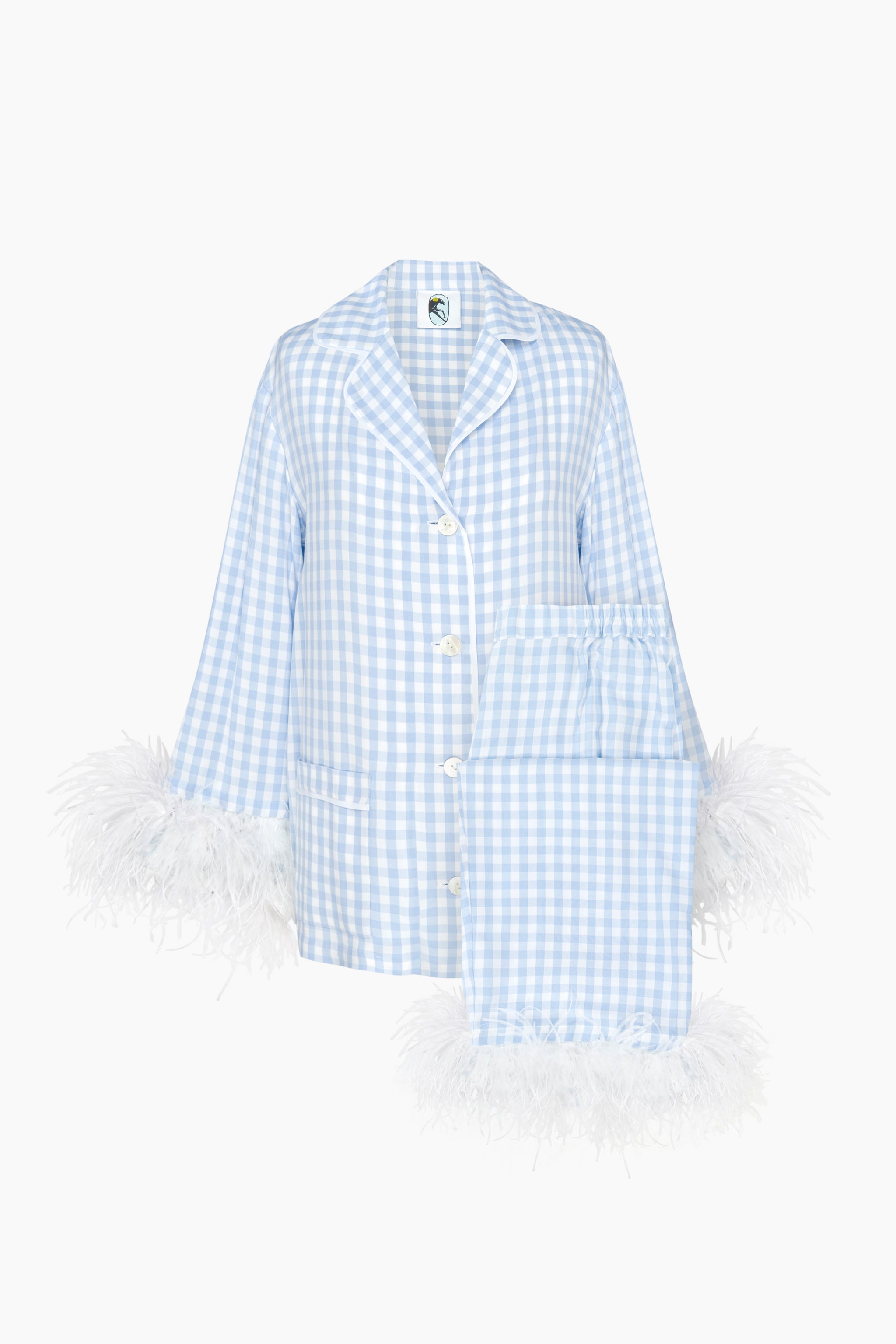 Party Pajamas Set with Detachable Feathers in Blue Vichy