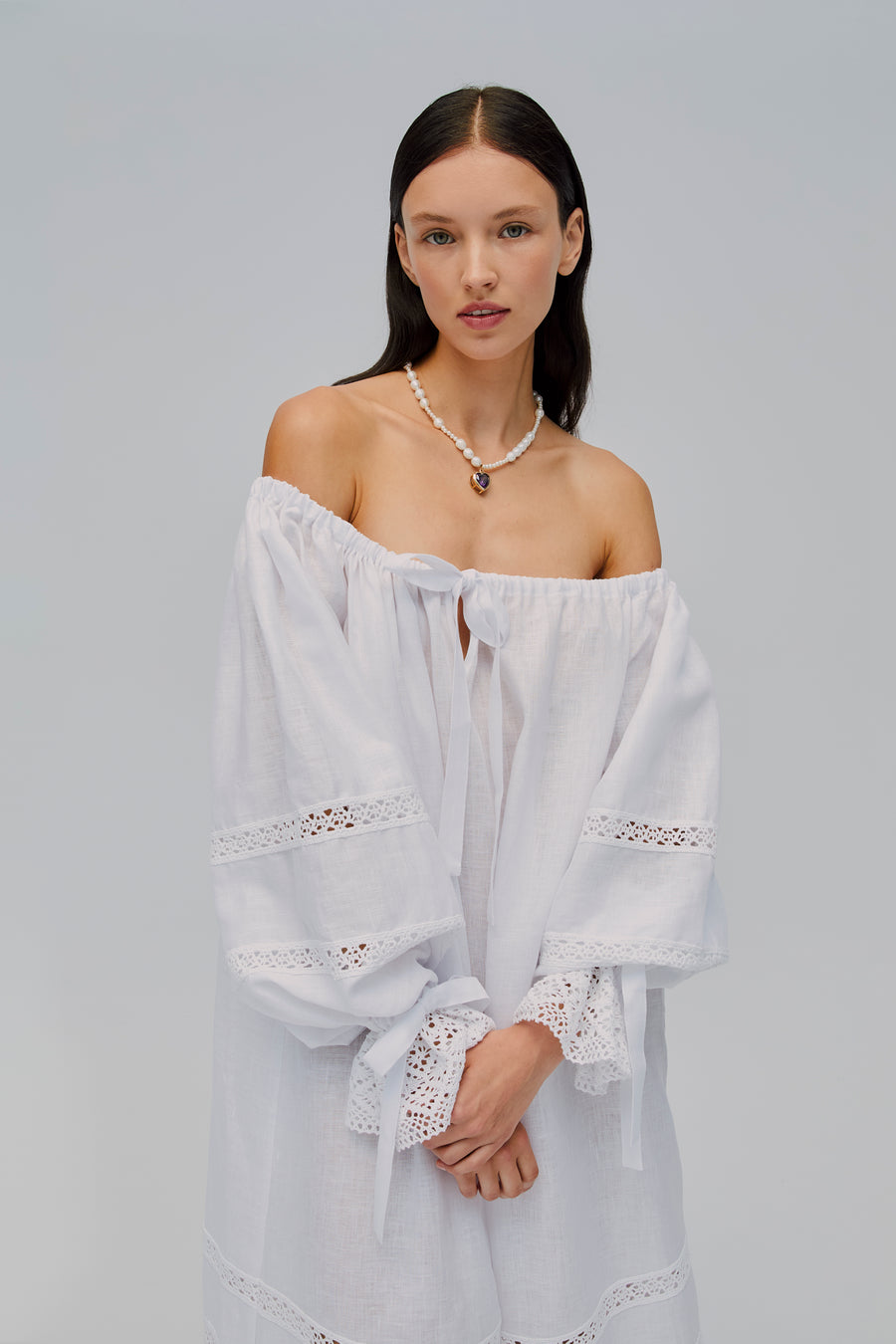 sleeper linen lounge dress Sleeper Atlanta Linen Dress with Rose Detail