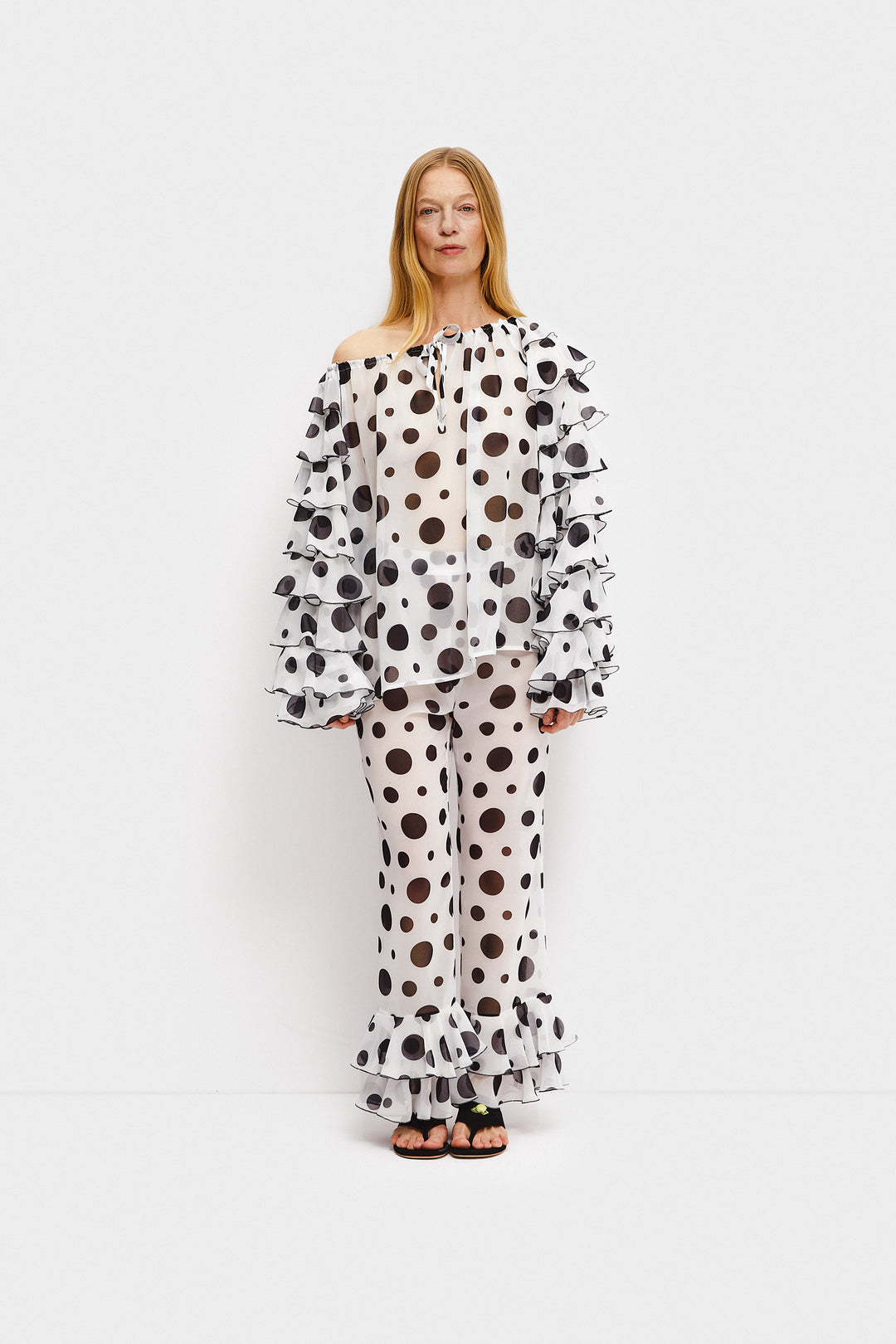 Samba Ruffled Chiffon Polka-dot Pants in White