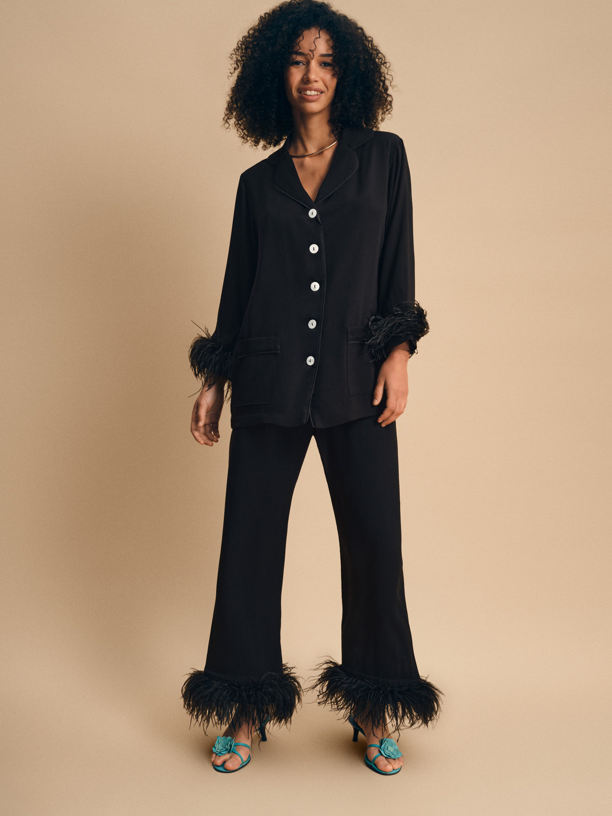 Party Pajamas Set with Detachable Feathers in Black