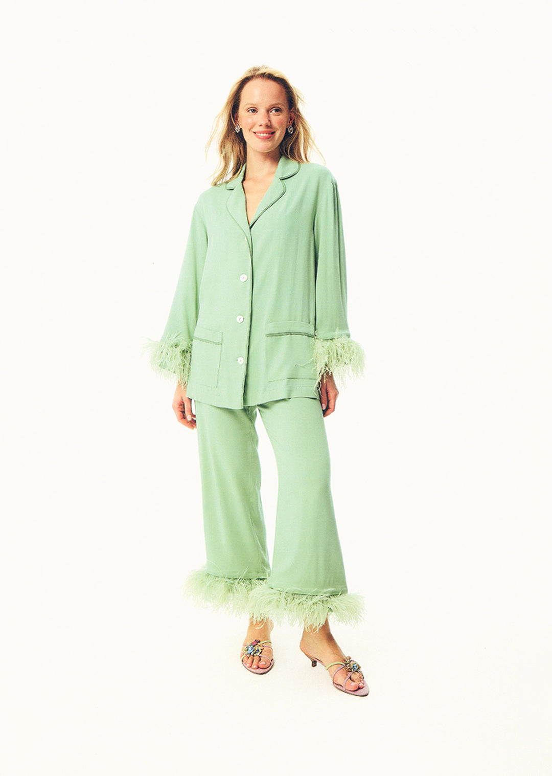 Party Pajamas Set with Detachable Feathers in Mint