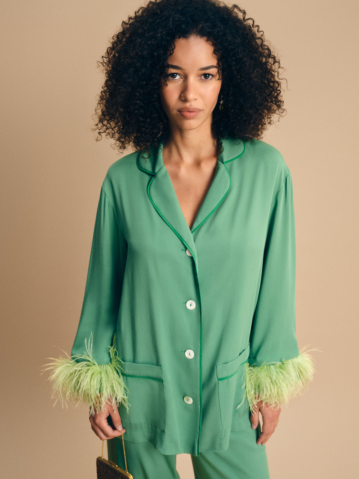 Party Pajama Set in Green with Mint Detachable Feathers