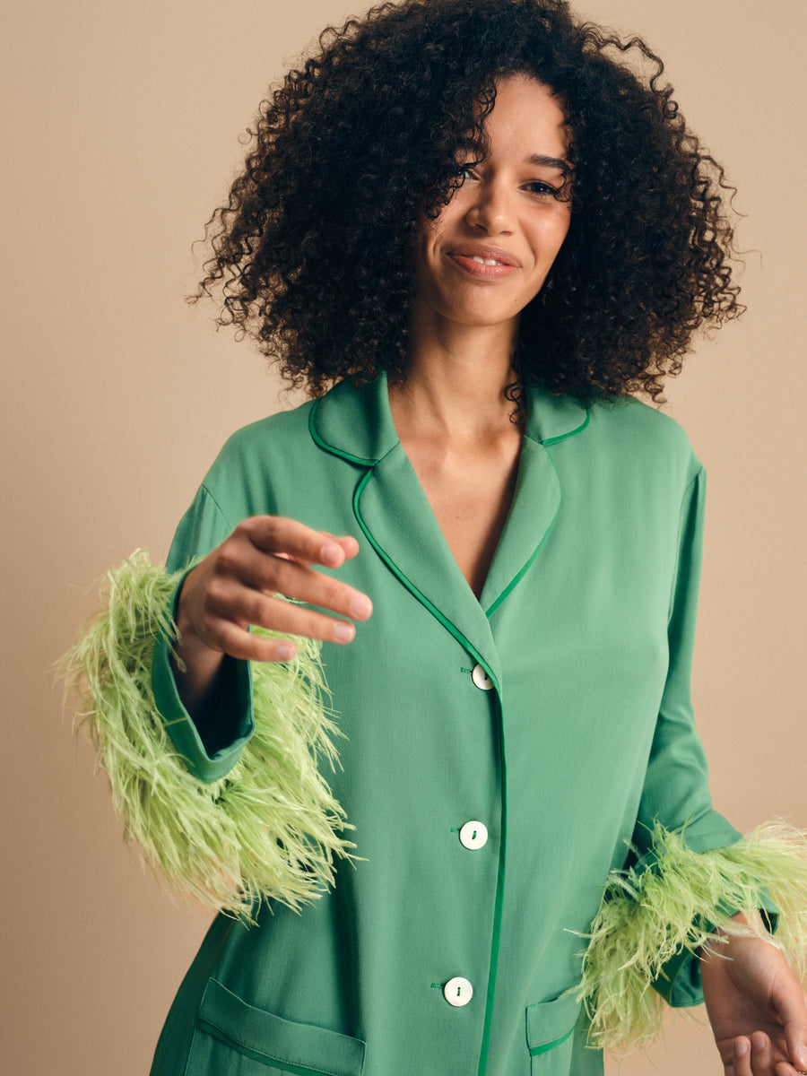 Party Pajama Set in Green with Mint Detachable Feathers