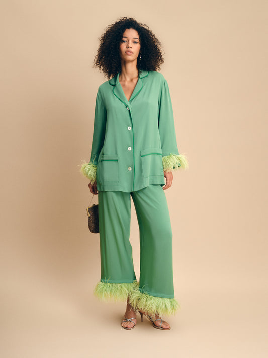 Party Pajama Set in Green with Mint Detachable Feathers