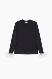 Long Sleeve Stretch-cotton Jersey T-Shirt with Detachable Feathers in Black