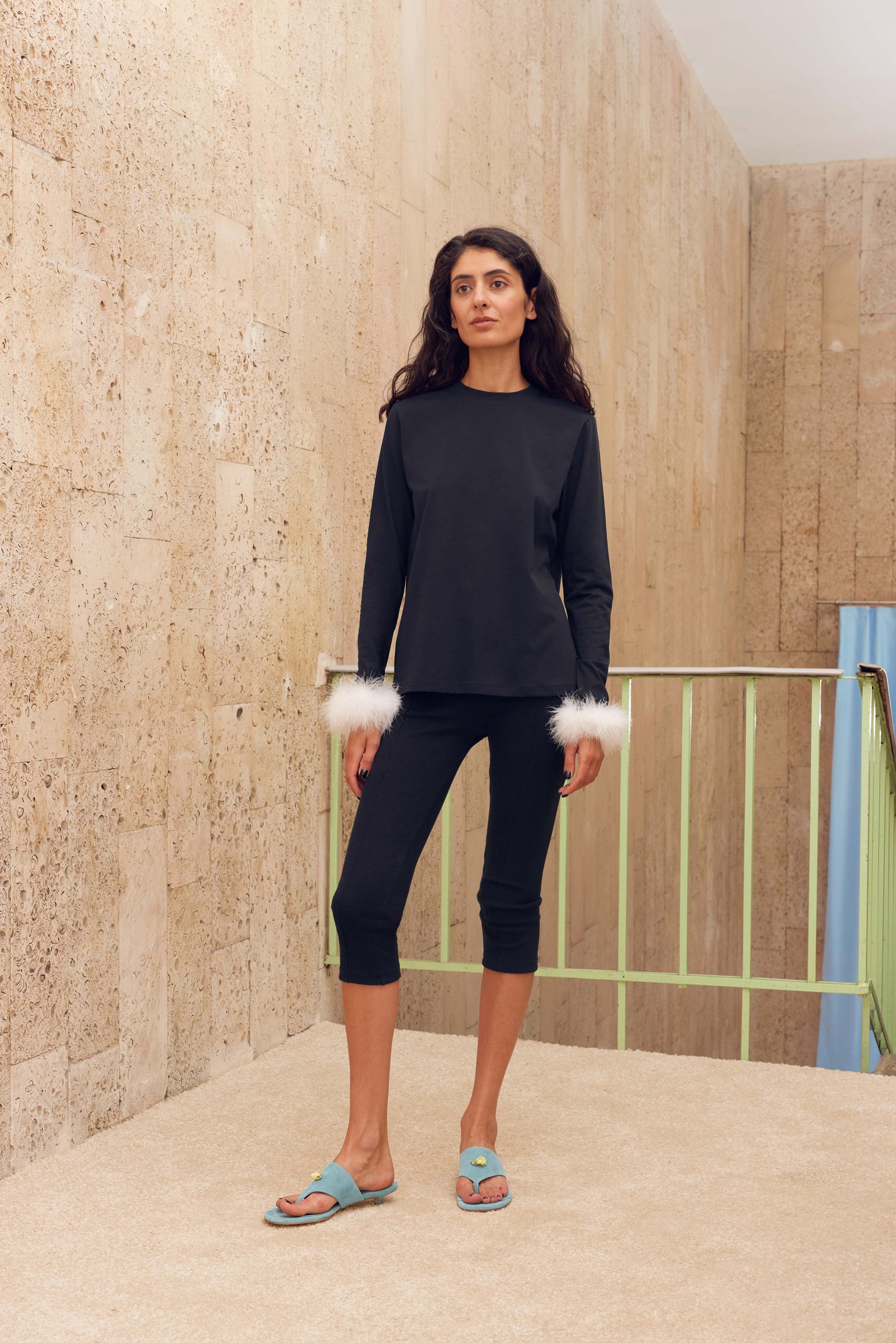 Long Sleeve Stretch-cotton Jersey T-Shirt with Detachable Feathers in Black