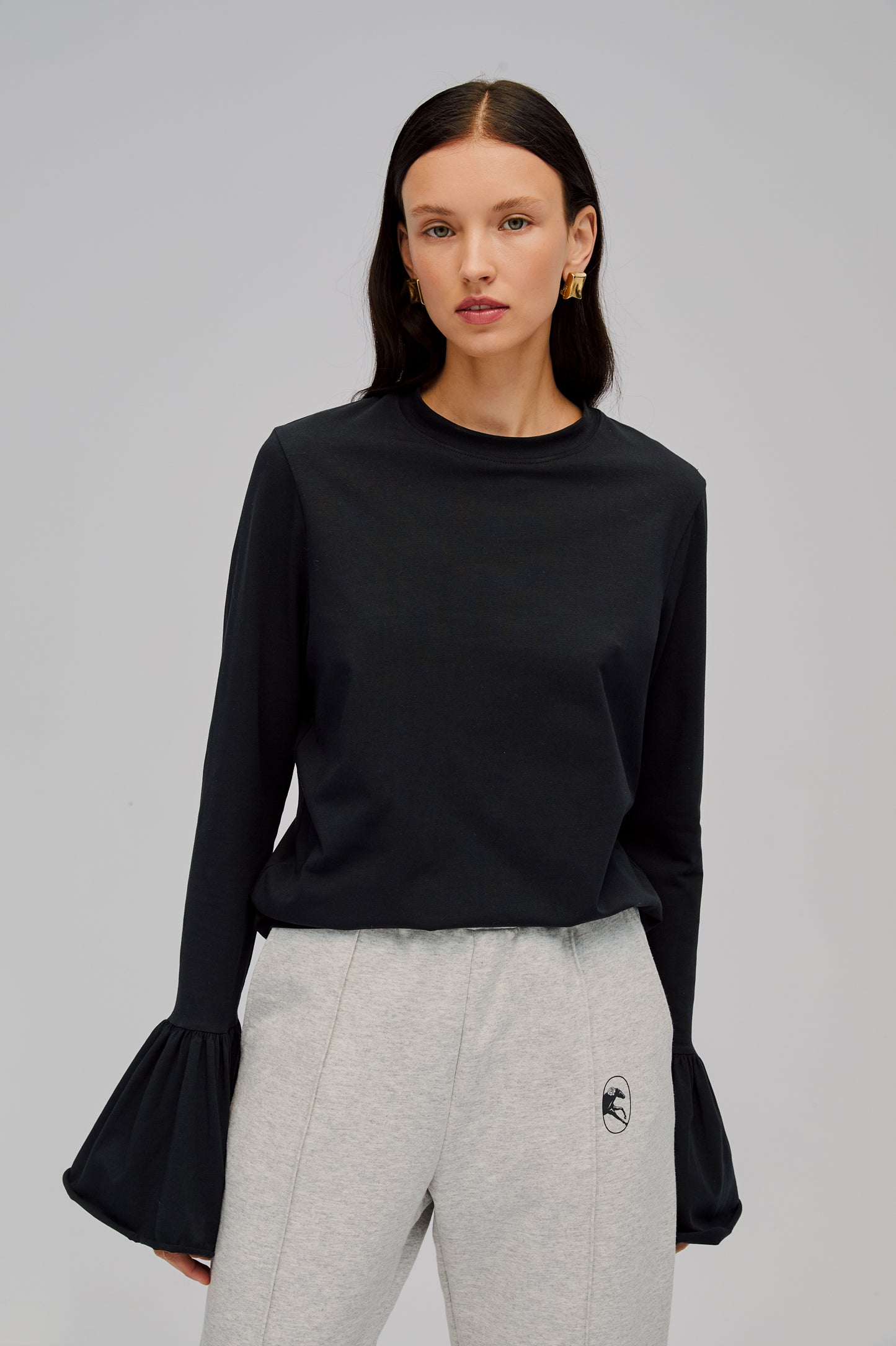 Ruffled Long Sleeve Stretch-cotton Jersey T-Shirt in Black