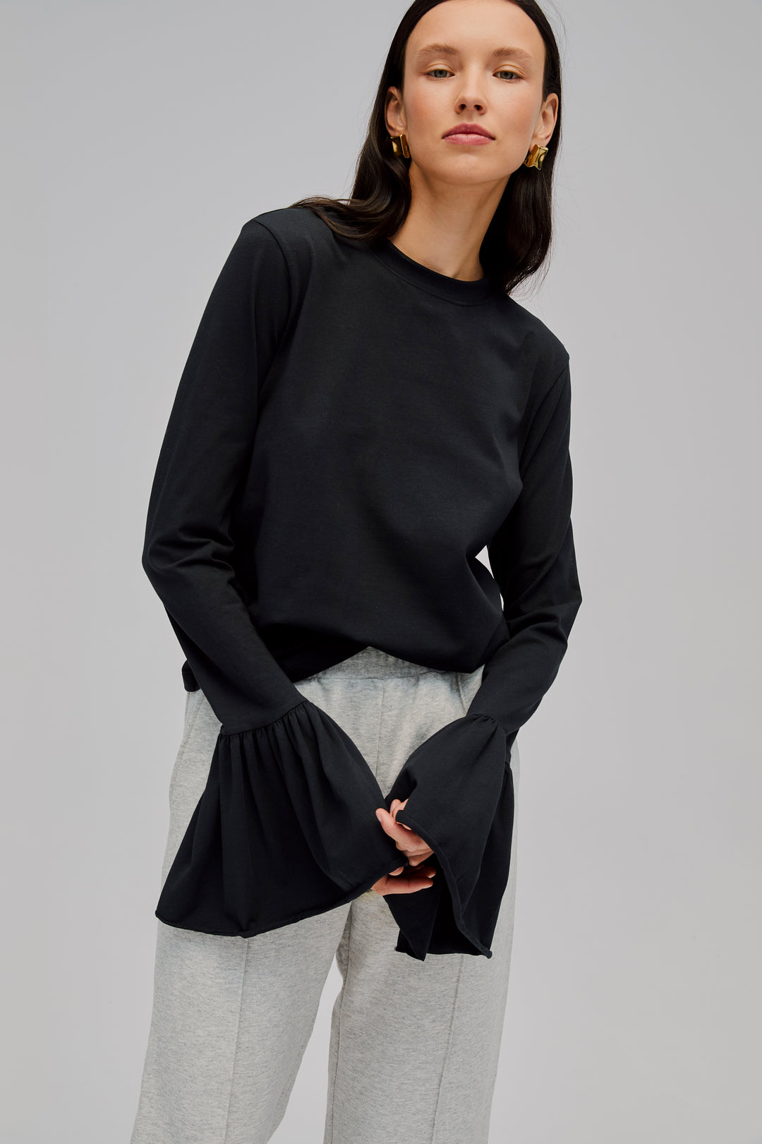 Ruffled Long Sleeve Stretch-cotton Jersey T-Shirt in Black