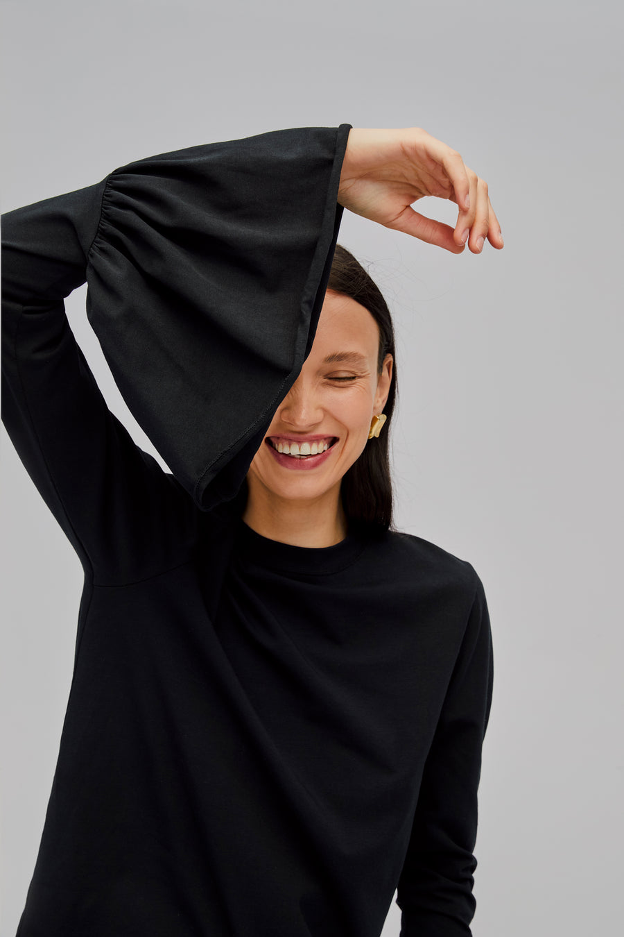 Ruffled Long Sleeve Stretch-cotton Jersey T-Shirt in Black