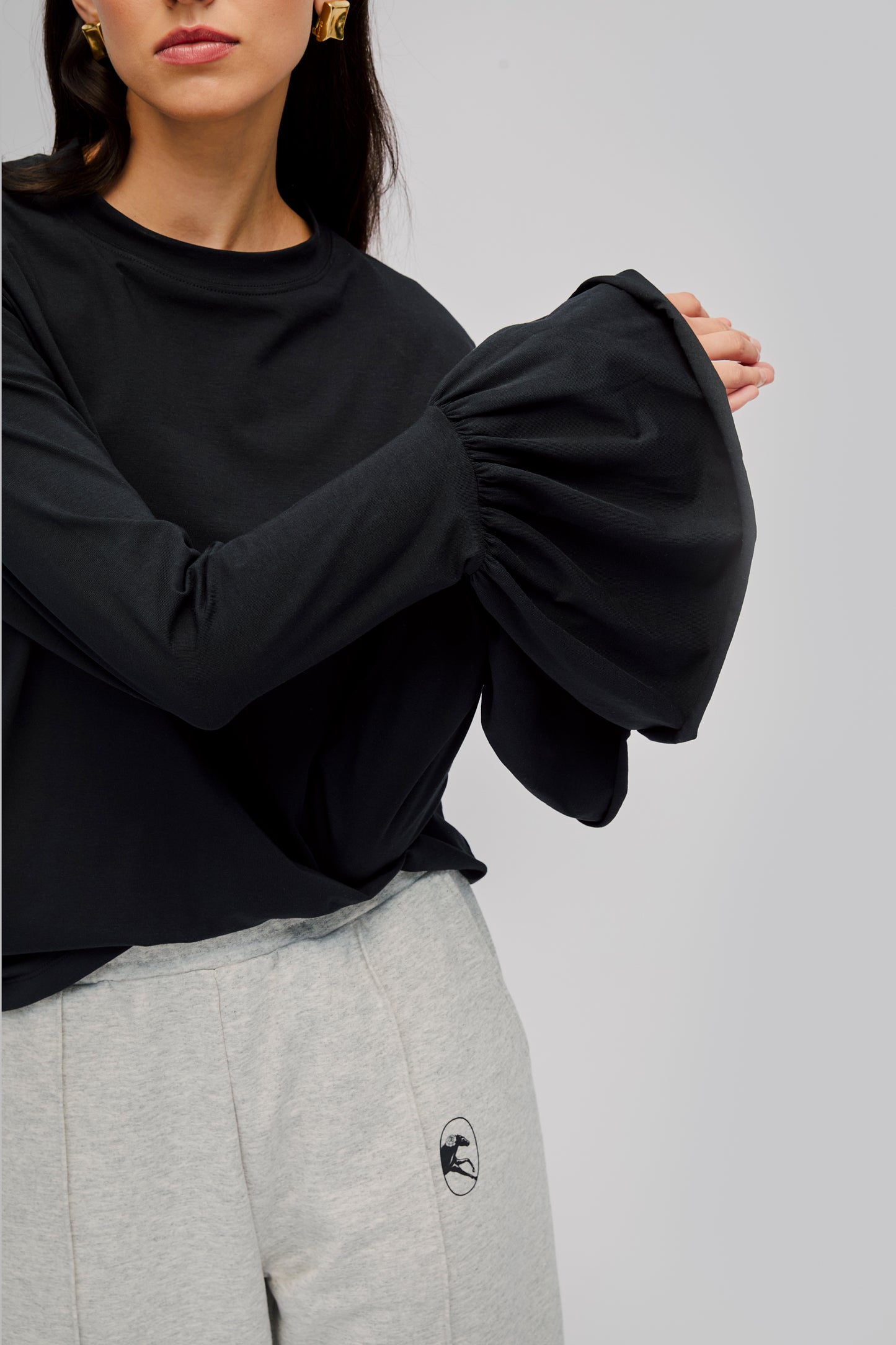 Ruffled Long Sleeve Stretch-cotton Jersey T-Shirt in Black