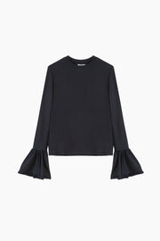 Ruffled Long Sleeve Stretch-cotton Jersey T-Shirt in Black