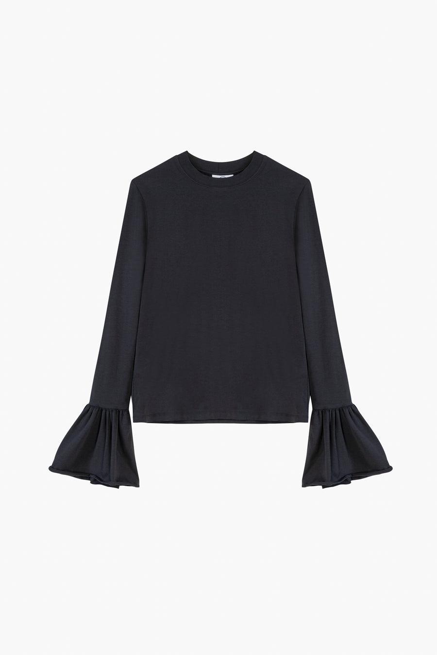 Ruffled Long Sleeve Stretch-cotton Jersey T-Shirt in Black