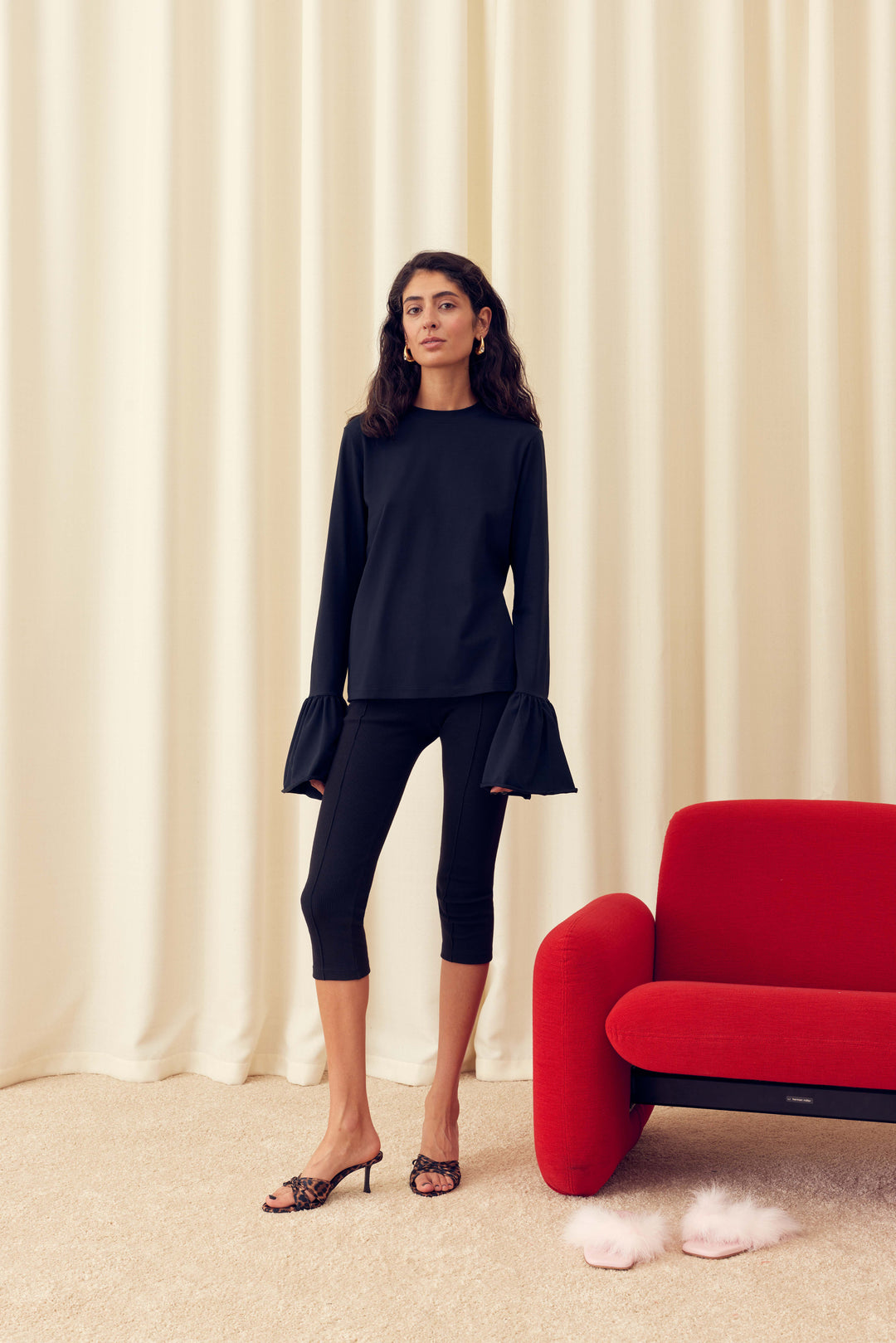 Ruffled Long Sleeve Stretch-cotton Jersey T-Shirt in Black