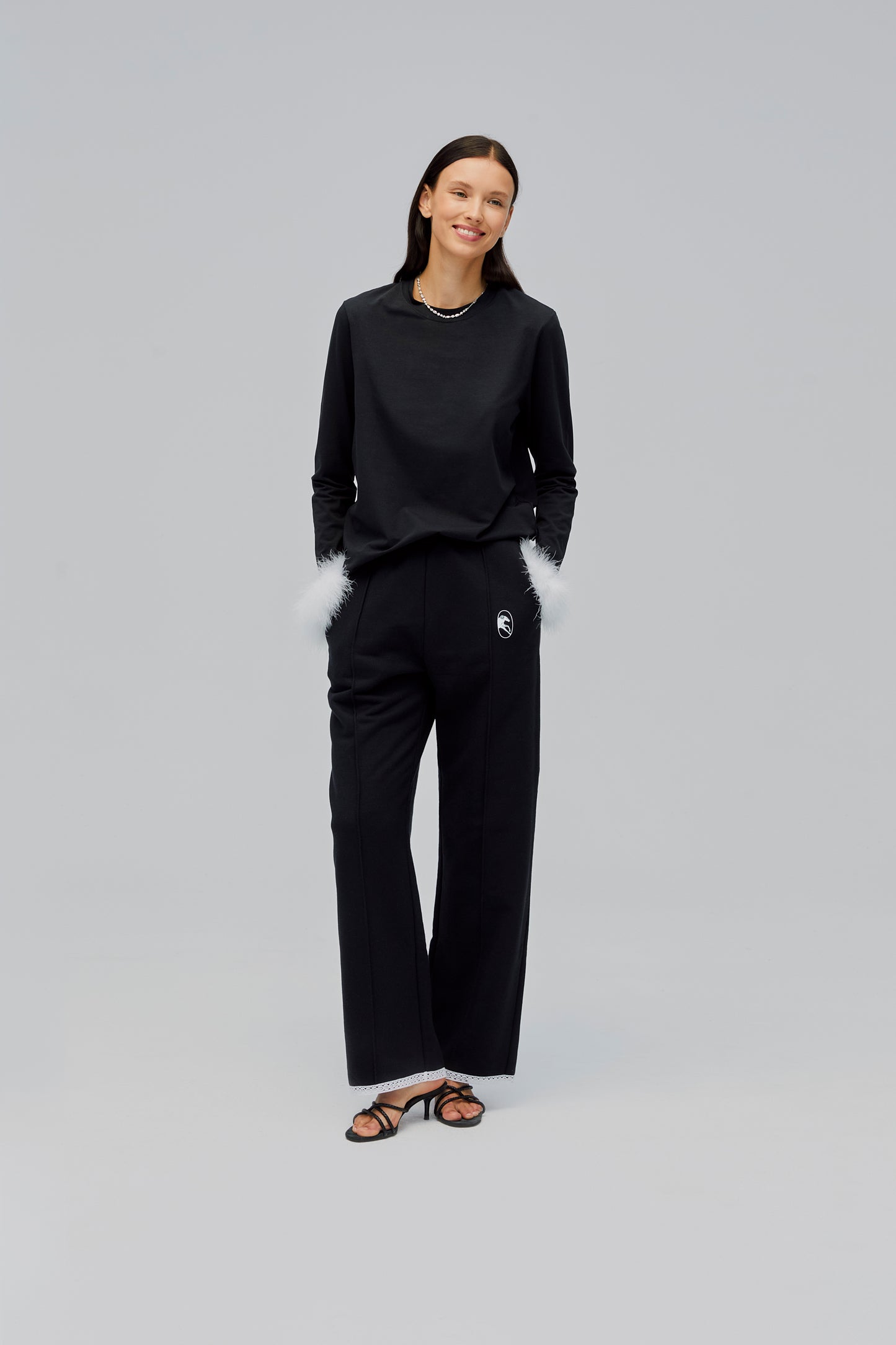 Relaxed Stretch-cotton Jersey Pants with Lace in Black