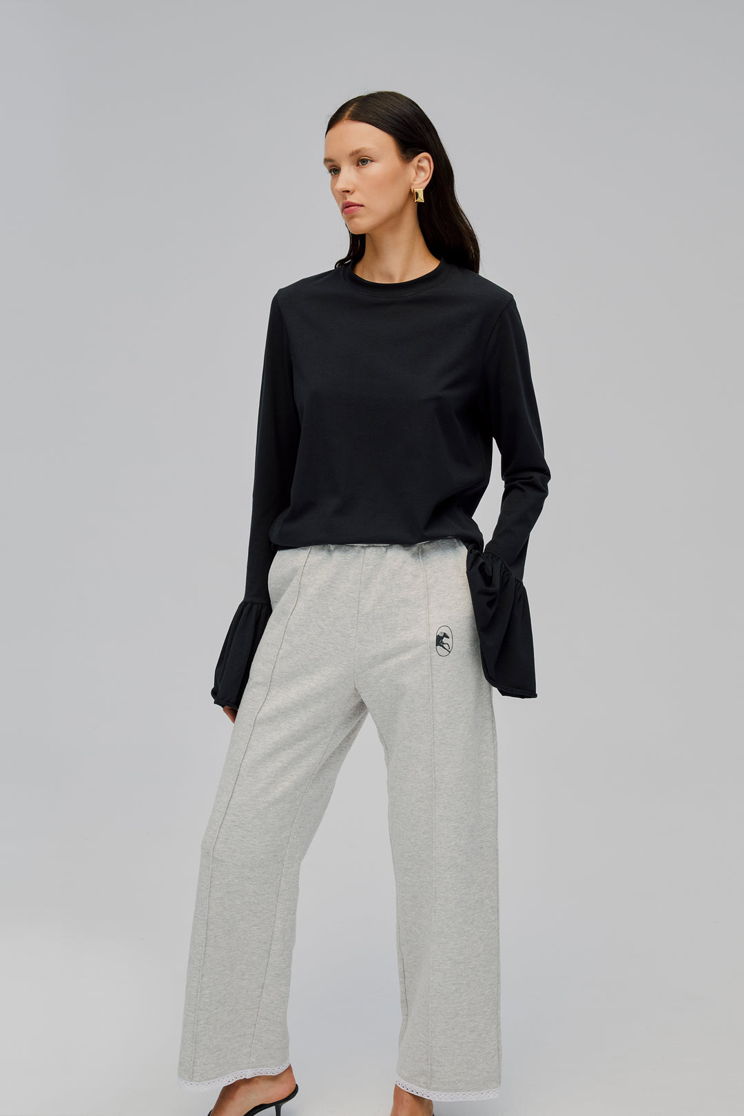 Relaxed Stretch-cotton Jersey Pants with Lace in Grey