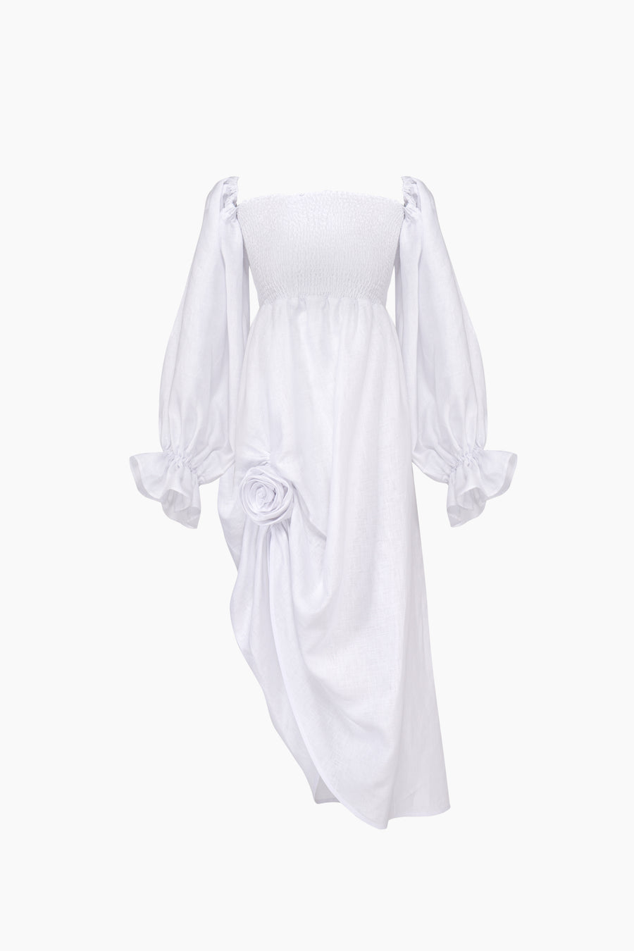 Atlanta Linen Dress with Rose Detail in White