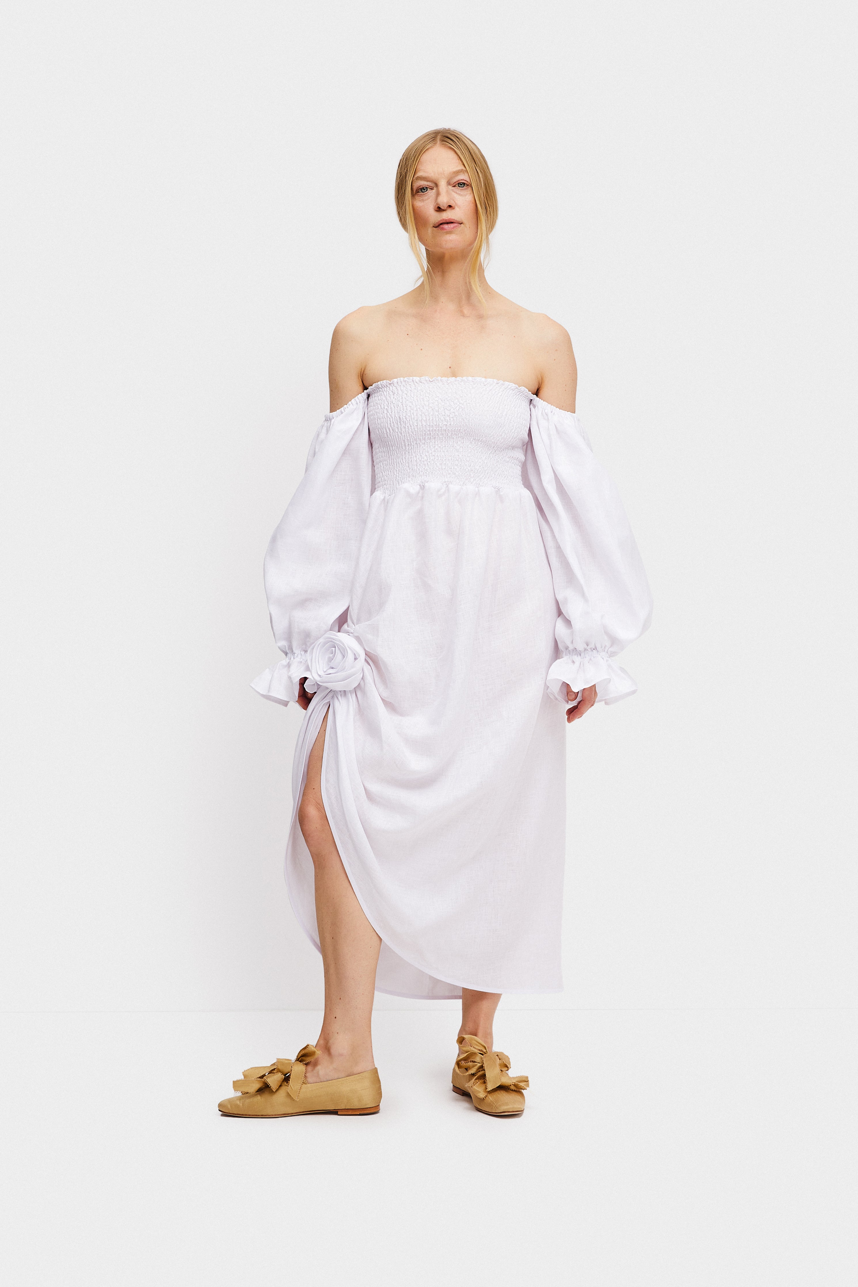 Atlanta White Linen Dress with Rose Detail | SLEEPER – Sleeper