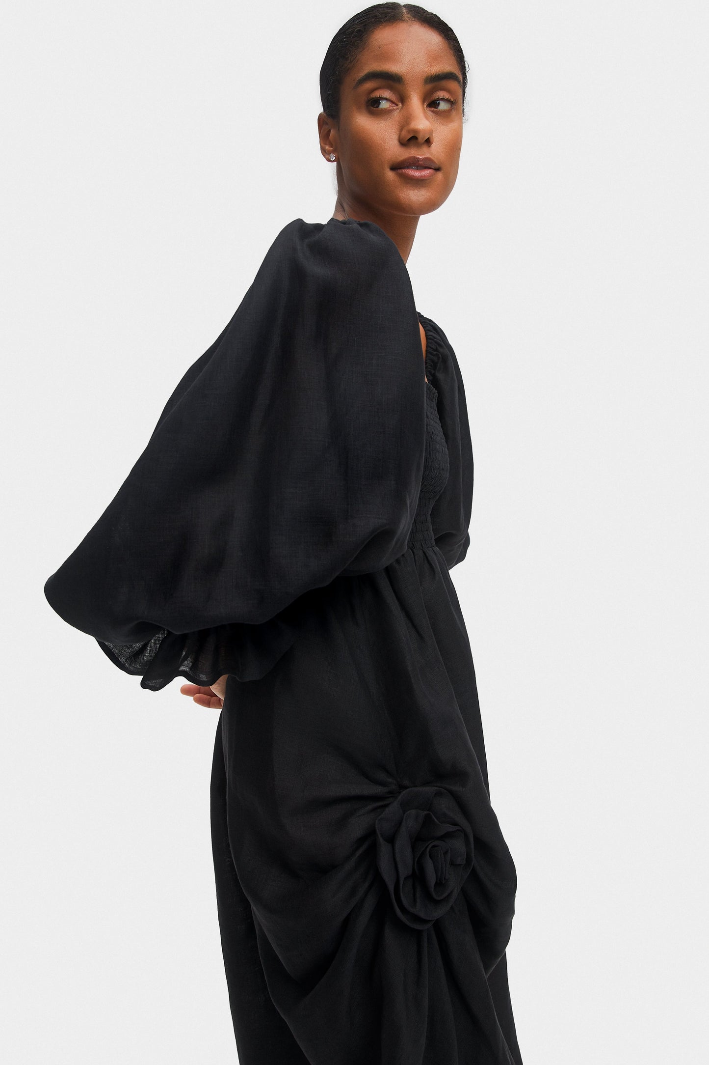 Atlanta Linen Dress with Rose Detail in Black