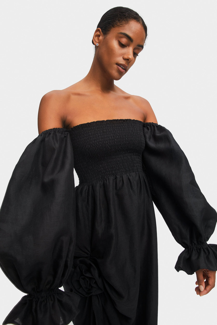 Atlanta Linen Dress with Rose Detail in Black