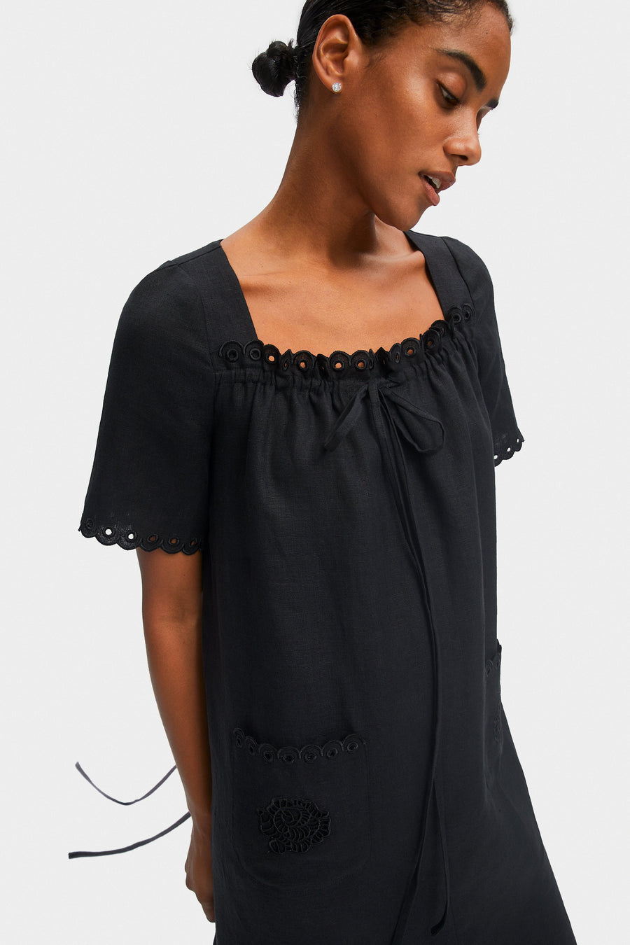 Sofia Linen Embroidered Midi Dress in Black
