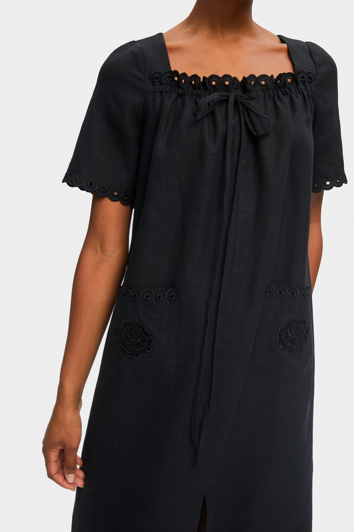 Sofia Linen Embroidered Midi Dress in Black