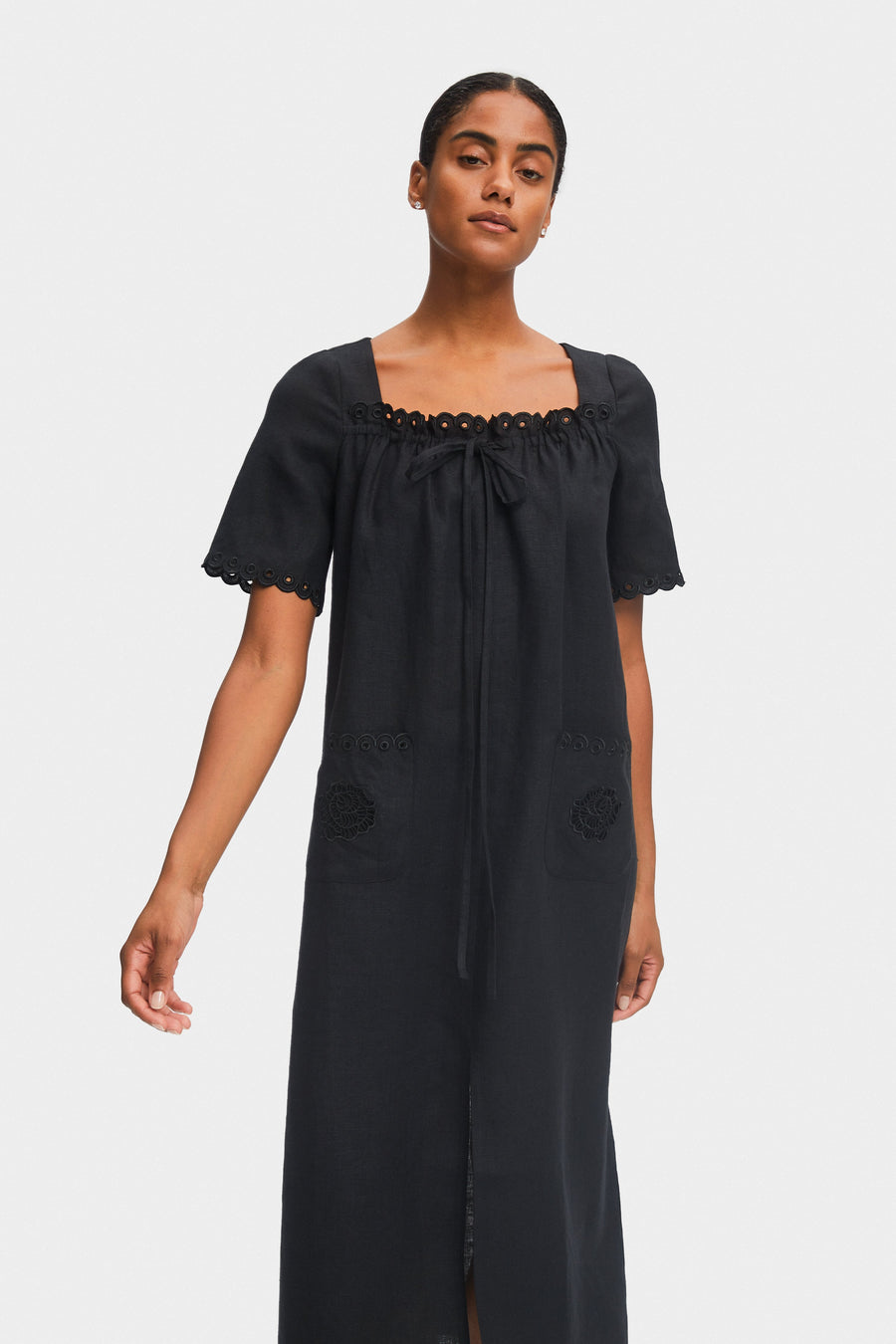 Sofia Linen Embroidered Midi Dress in Black
