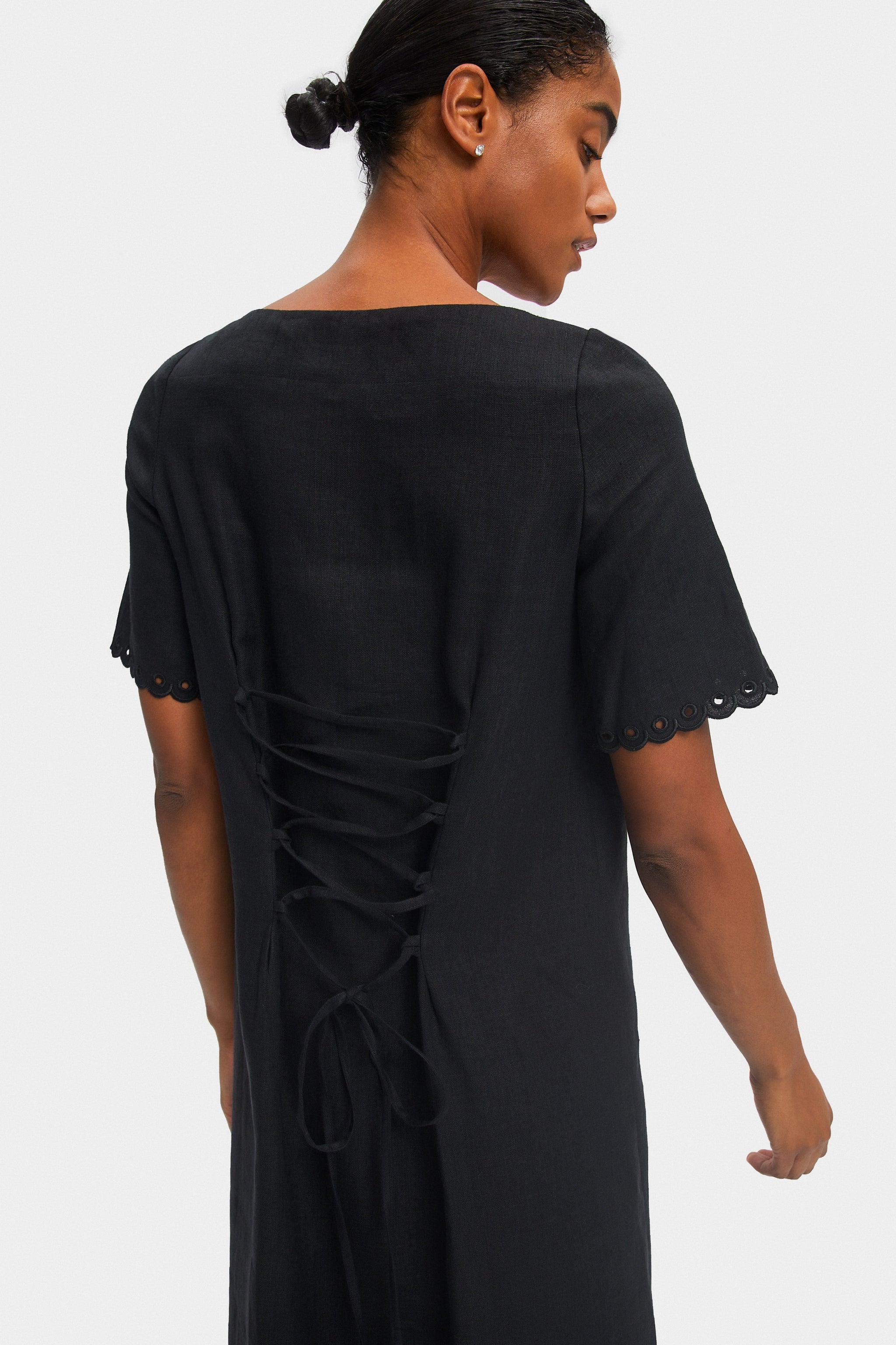 Sofia Linen Embroidered Midi Dress in Black