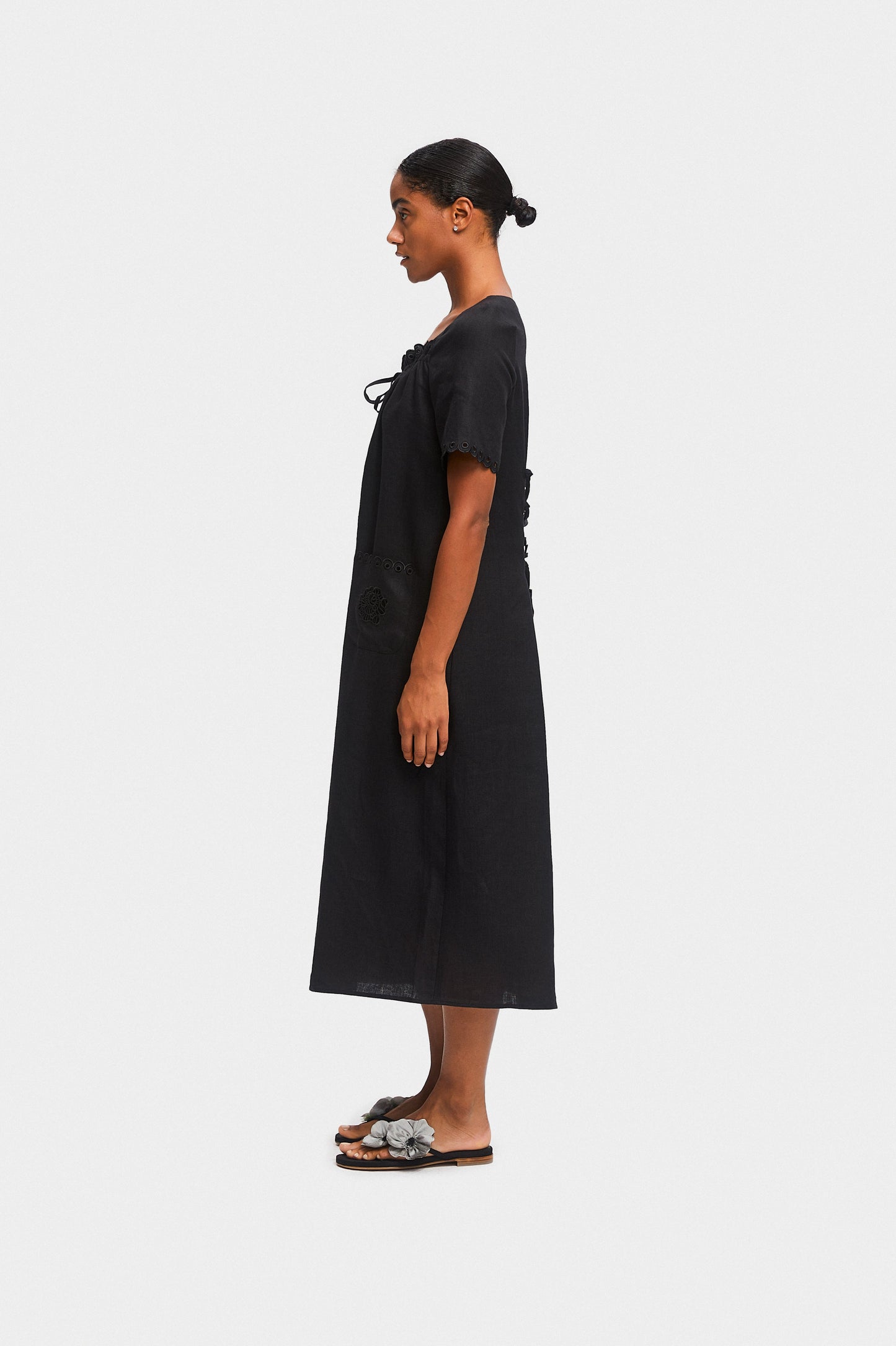 Sofia Linen Embroidered Midi Dress in Black