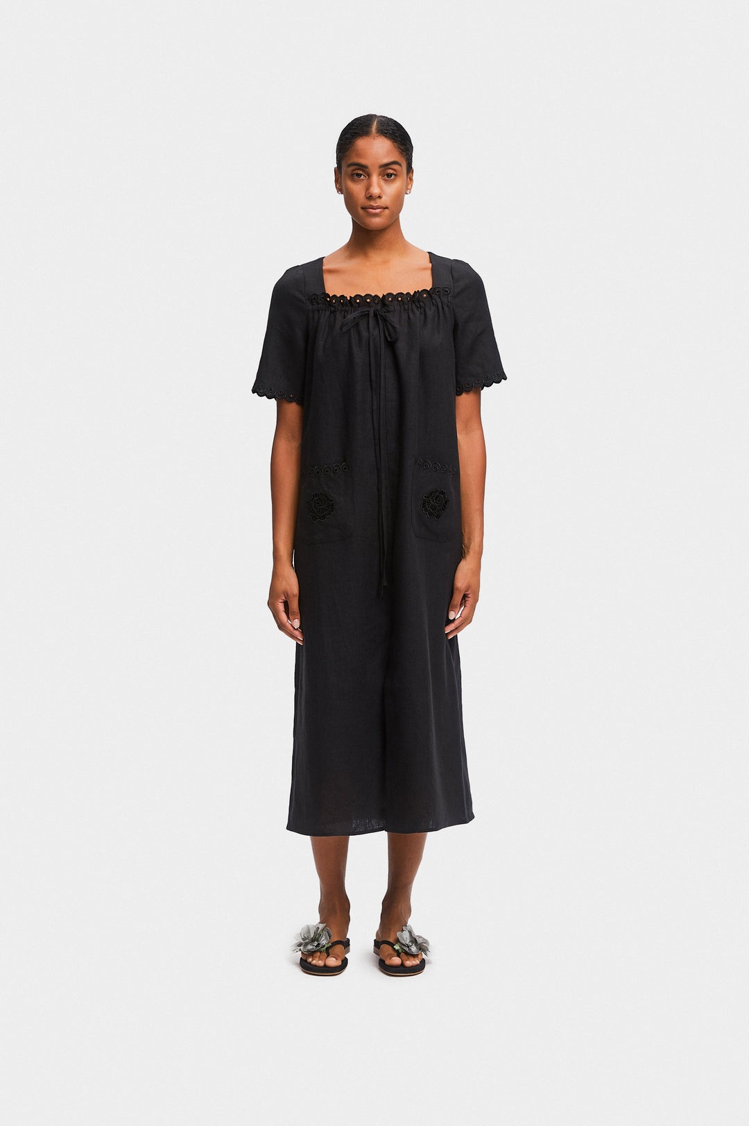 Sofia Linen Embroidered Midi Dress in Black