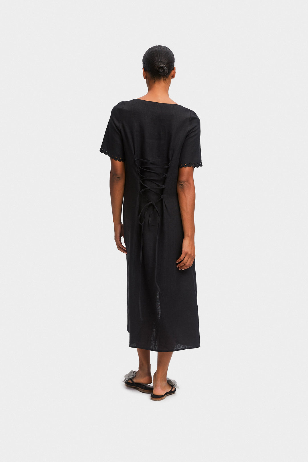 Sofia Linen Embroidered Midi Dress in Black
