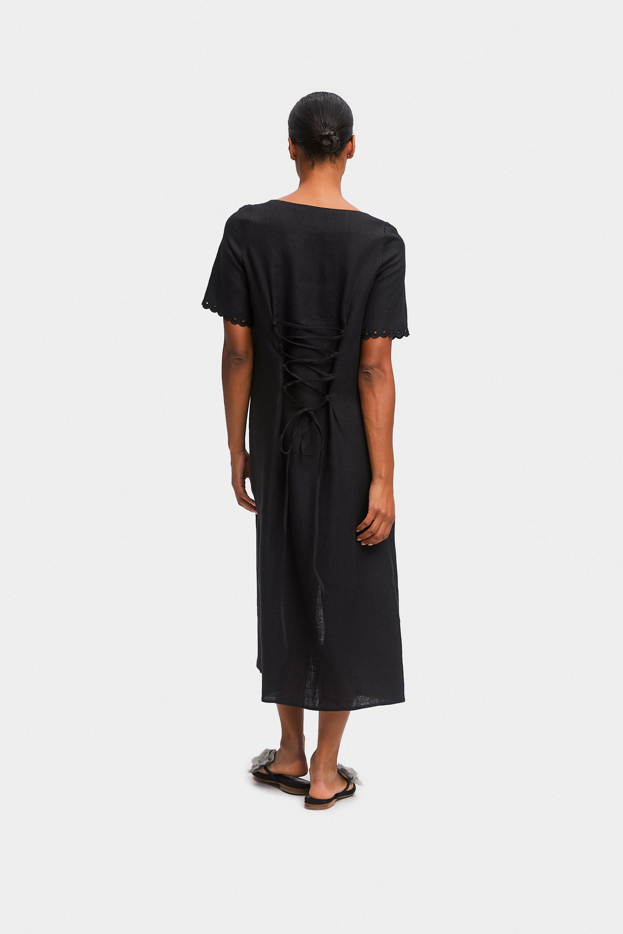Sofia Linen Embroidered Midi Dress in Black